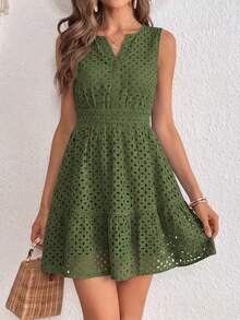 PRETTYGARDEN Women's Summer Dress Sleeveless V Neck Eyelet Cutout Swinging A-Line Flowy City Walks Wedding Guest Graduation Beach Vacation Sun Dress - 軍綠色 - 查看 3