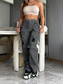 Women's Gray Multi-Pocket Retro Straight Leg Cargo Pants, Casual Street Style Fashion Versatile Trousers, Suitable For Spring & Summer - Grey - View 5
