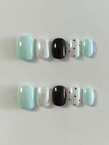 10 pièces Ongles courts ovales verts menthe purs faits à la main. Style minimaliste frais avec des points noirs peints à la main. Ongles à pression mignons et doux pour les femmes et les filles, à porter au printemps, en été, en automne, en hiver, aux festivals, aux fêtes et dans la vie quotidienne. - Vert menthe - Voir 1