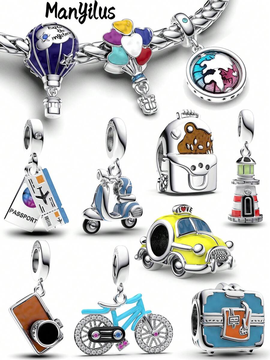 Bộ mặt dây chuyền Manyilus bằng bạc Sterling 925 dành cho vòng tay và dây chuyền nguyên bản, đính đá Cubic Zirconia tráng men, trang sức mang đến niềm đam mê du lịch. - Nhiều màu - Xem 1