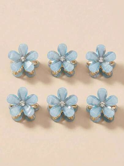 6 chiếc kẹp tóc hình hoa nhỏ đính pha lê xanh dương, kẹp tóc mái đính đá bằng hợp kim, phụ kiện tóc kiểu công chúa cho bé gái.