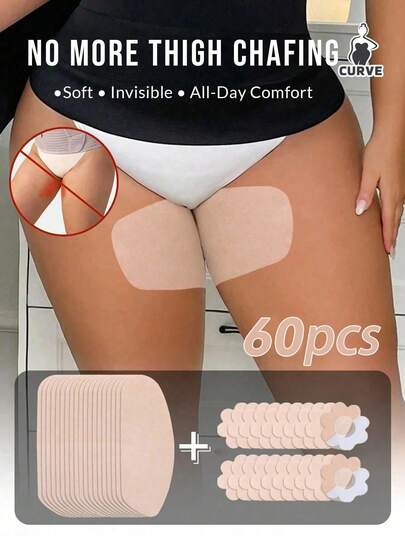 60片/套 一次性无纺布大腿防摩擦贴，适合大码身材，防摩擦大腿保护贴，柔软透气，防摩擦条，防汗隐形，男女通用，超薄大腿保护贴，适合户外、旅行、跑步、徒步、健身和日常穿着，轻便舒适的大腿防摩擦贴，亲肤易贴，完美搭配裙子、短裤和连衣裙。