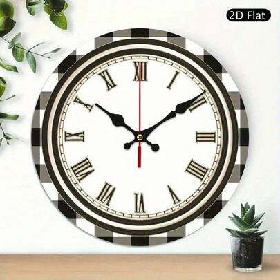 10inch Wooden Wall Clock - Silent, Non-Ticking, Modern Farmhouse Style Decoration, Black And White Checkered Pattern - Roman Numerals - Battery Operated (AA Batteries Not Included) - Clock For Country Kitchen, Living Room, Bedroom, Office - Vintage Home Decor, 2D Design,Battery Operated Wall Clock,Battery Wall Clock,Silent Wall Clock,Reloj De Pared,Room Decor,Clock