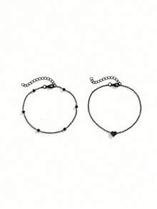 2 pièces Style à la mode Bracelet de cheville en fer avec décoration de cœur et perle pour femmes, décoration quotidienne, Saint-Valentin, Mère, Fête des Mères, Cadeau - Multicolore - Voir 2