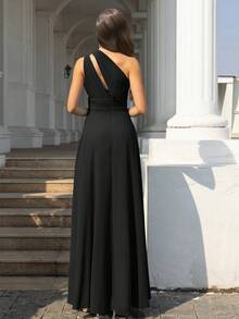 Volly Toych Elegant And Noble Black Chiffon Long Bridesmaid Dress, Sleeveless Asymmetric Neckline Ruched Twist Design, Suitable For Formal Occasions - Black - View 2