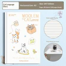 Cute Student Hard Cover Notebook, Matte Hard Shell Notebook, A5/Classroom Notes, Cat Language Diary Ruled, Thick Hard Cover, 80 Sheets/160 Pages, 145*210mm, Cartoon Cat Pattern, Student Workbook Diary - Notebook - View 13