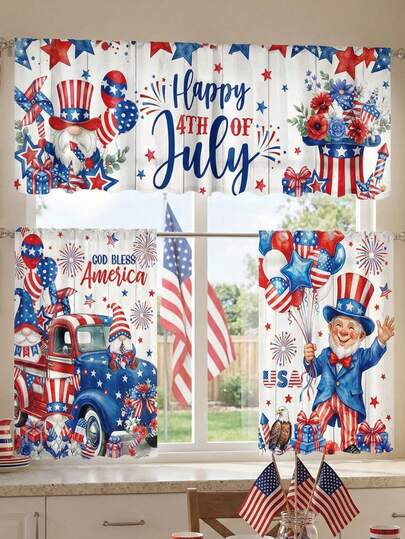 3pcs/Set 4th Of July Independence Day Kitchen Curtain Set, Patriotic Gnome & Truck Short Curtain, Suitable For Kitchen & Bathroom Window Decor