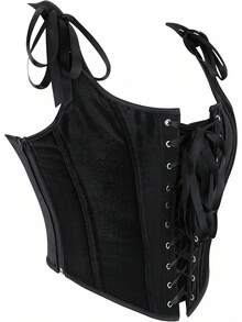 Women's Vintage Floral Corset Top Renaissance Camisole Gothic Overbust Bustier Shapewear - 黑色天鵝絨 - 查看 4