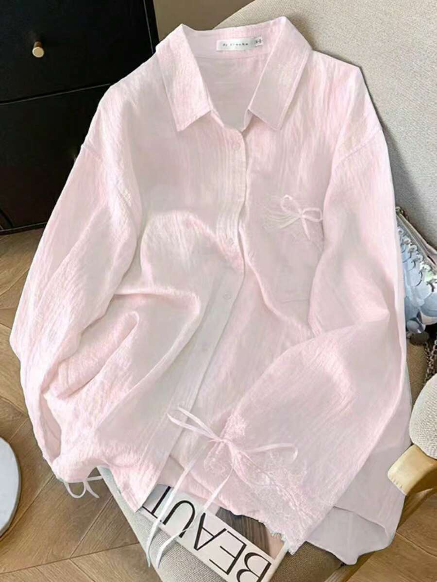 Women's Solid Color Minimalist Casual Bow Decor Long Sleeve Sun Protection Top - Baby Pink - View 1