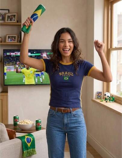 Camiseta Brasil Azul Marinho Cotton Slim Baby Look Casual Feminina Copa 2026 Ringer Tee Envio Imediato