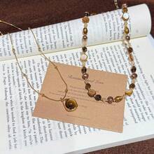 1pc Vintage Multi-Layer Tiger Eye Stone Pendant Necklace - Women's Elegant Necklace, Double-Layer Choker Necklace Set, Handmade Adjustable Neck Chain, Gold/Stainless Steel Chain, Boho Healing Crystal, Versatile Accessory For Daily And Party, Retro Style, Mother's Day Gift For Mom, Best Friend Gift - Multicolor - View 4