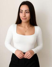 Women's Bodysuit With Square Neckline, Long Sleeves, Plain Spandex Fabric, Elegant And Sensual, For Parties, Women's Fashion, Autumn/Winter 2026 - 米白色 - 查看 1