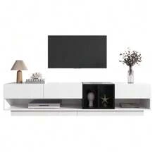 Low TV Unit In Glossy White And Black. Design With Color Blocks, Drawers, Compartments, And Multiple Storage Spaces. - 白色 - 查看 1
