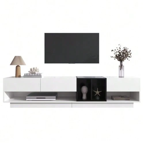 Low TV Unit In Glossy White And Black. Design With Color Blocks, Drawers, Compartments, And Multiple Storage Spaces. - 白色 - 查看 1