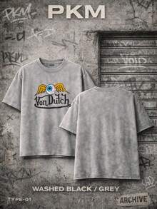 Men Gray Washed Streetwear Brand Street 100 Percent Cotton Oversized T Shirt Eye With Wings And Vons Dutchs Text Casual Outfit For Daily Wear Urban Fashion | Vintage Heavyweight T Shirt | Perfect Gift | Loose Comfortable Breathable | Machine Washable Fabric | Hip Hop Cool Style | Drippy Clothes | Y2K - Xám - Xem 1
