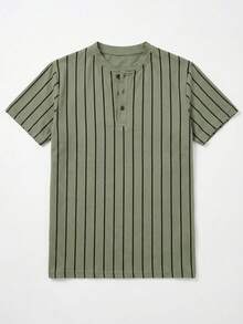 男士时尚休闲亨利领条纹T恤，修身短袖上衣 - 綠色 - 查看 1