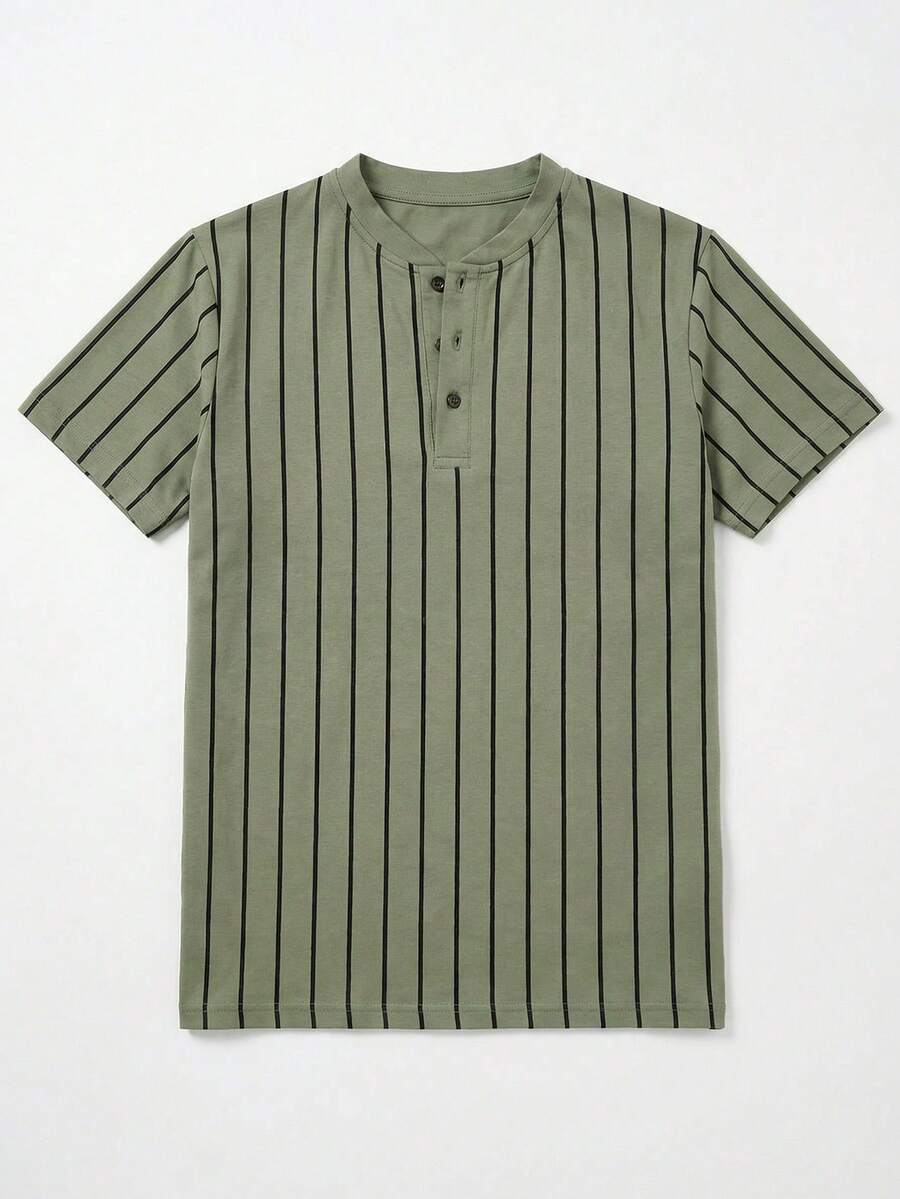 男士时尚休闲亨利领条纹T恤，修身短袖上衣 - 綠色 - 查看 1