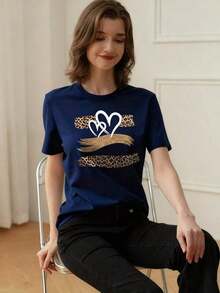 Summer TopsWomen's Summer New Simple Slogan Print Casual Vacation Style Loose Fit Round Neck Short Sleeve T-Shirt, Fashionable Everyday Top, Suitable - 藏蓝色 - 查看 2