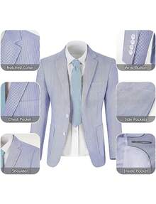 Men's Suit 2-Piece Set - Solid Seersucker Single-Breasted Jacket, Essential For Casual Activities, Weddings, Parties, And Business Occasions, Classic Tailoring Formal Style, High-Quality Tailored Seersucker Fabric, Fashionable Gentleman Style - 淺藍色 - 查看 5