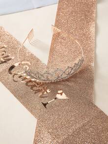 1 Set Rose Gold Birthday Queen Belt And Crown Set - Glitter Belt And Rhinestone Crown - Birthday Party Gift, Elegant Princess Crown Birthday Party Decor, Mom Sister Birthday Gift Hair Accessory - Rose Gold - View 4