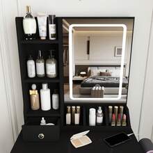 Modern Vanity Desk With LED Mirror, 3 Color Lighting & Adjustable Brightness - 3 Drawers & Storage Shelves, Built-In Power Outlet & Hair Dryer Holder, Makeup Dressing Table Set With Stool For Bedroom - US A Type Plug(110-127V) - View 8