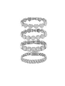 4 piezas Pulseras de cadena de metal con capas, estilo cubano, cuadrado, redondo y corazón completamente enjoyado, estilo hip hop unisex, joyería brillante de Miami, regalo para el Día de San Valentín - Pulsera - Ver 3