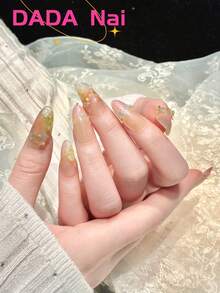 10pcs Long Almond Handmade Press On Nails, Pink Yellow Gradient Fake Nails, 3D Crystal Flower & Gold Foil Nail Art, Glossy Finish, Reusable Acrylic Nails For Y2K Style And Summer Daily Wear - Multicolor - View 3