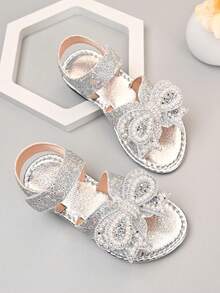2026 New Girls' Pearl, Rhinestone, Bow & Sequin Decorated PU Open Toe Sandals, Sweet Princess Style, Suitable For Summer Casual Wear/Birthday Party - Silver - View 1