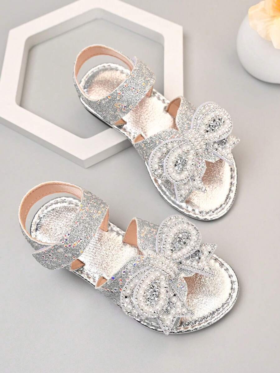 2026 New Girls' Pearl, Rhinestone, Bow & Sequin Decorated PU Open Toe Sandals, Sweet Princess Style, Suitable For Summer Casual Wear/Birthday Party - Silver - View 1
