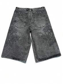Pantalones cortos capri de mezclilla de pierna ancha con bordado para hombres - Gris - Ver 2