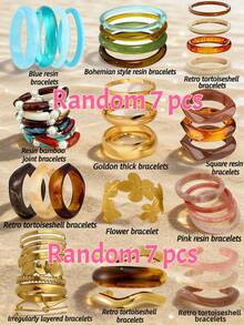 Random 12/7/4/3/1 Pcs Vintage Elegant Bohemian Summer Holiday Minimalist Basic Bracelet Set, Colorful Bamboo Knot, Tie Dye Resin, Golden Geometric Irregular, Carved Flower Cuff Bracelets, Suitable For Women Daily, Beach, Party, Y2K Cute Jewelry Gift - Multicolor - View 5