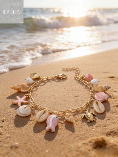 1pc  Summer Cherry Starfish Sunburst Pendant Bracelet, Women's Fashion Chain Bracelet With Red Chili Pendant, Full Of Vacation Vibe, Suitable For Daily Wear ZRJZ