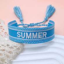 1条复古刺绣“SUMMER”字样手工编织波西米亚风手链，适合送给家人、朋友、学生，也适合旅行和派对佩戴。 - 藍色 - 查看 3