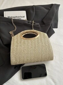 女士编织圆形手柄斜挎包，波西米亚海滩风手提包，配金色链条肩带，夏季度假及派对手拿包 - 卡其色 - 查看 5