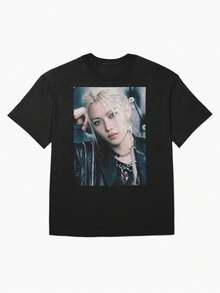FELIX GIANT Back And White 2nd Japanese Album Stray Kids IMAGE SKZ K-P-O-P Ot8 Oversized T-Shirtpure Cotton Soft Casual T-Shirt For Everyday Wear For The Dominion Tour, Machine Washable Fan Clothing, Concert T-Shirts, A Must-Have For Fans Suitable For Festivals, Parties, Homewear, Daily Commutes, An Exclusive Gift For Skz Fans, Perfect Gift For Fans, Perfect Gift For Kids, Party Favors For Kids. - màu đen - Xem 1