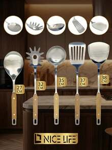 Multi-Piece Set Faux Wood Grain Handle Stainless Steel Kitchenware Set, Includes Spatula, Ladle, Soup Spoon, Frying Spatula, Cooking Tools, Durable & Heat Resistant For Home Use, Multiple Styles Available - Wooden Handle Five-piece Set - View 6
