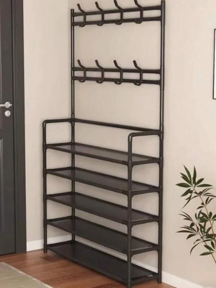 Zapatero 5 Niveles Perchero Acero Metálico Organizador 2 en 1 Armable Con 8 Ganchos Negro,Marco Metal Hogar estantes De Zapatos Muebles caja Organizador,Zapatero para armario,organizador de zapatos con sombrero, perchero, estante entrada almacenamiento grande armario organizador multifuncional.