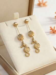 1 Pair Women's Resort Style Dangle Earrings, Metal 3D Ocean Element Design, Suitable For Daily Wear And Beach - Seahorse + Oval - View 4