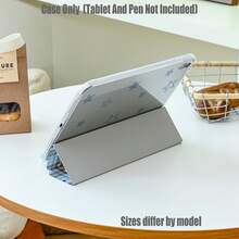 Tri-Fold High-Transparency Acrylic Tablet Case With Pen Slot. Features A Refreshing Checkered And Star Print Design. Tablet Case Features: Tri-Fold Stand Design, Smart Sleep/Wake, Transparent Soft Back Panel, Built-In Pen Slot, Precise Cutouts, Lightweight And Portable. Compatible With Mini 4/5/6/7, 5/6/8/9/10/11, Air 3/4/5/6/7, Pro 10.5/11/12.9/13 Inch. Compatible With All Galaxy Tab S6 Lite/S7/S8/S9/S10/FE/Plus/A8/A9Plus Models. - Cold Coffee Version - View 6