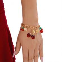 1pc Sweet Cute Cherry Bracelet, Minimalist Multi-Use Heart & Bow Tassel Bracelet, Delicate Gift Style Suitable For Holidays, Birthday, Mother's Day - Multicolor - View 5