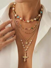 5 Pieces/Set Of Vintage Metal Sun Cross Pendant Long Necklace, Bohemian Colored Crystal Necklace, Luxurious Diamond Necklace, Suitable For Couples' Daily Wear - Multicolor - View 2