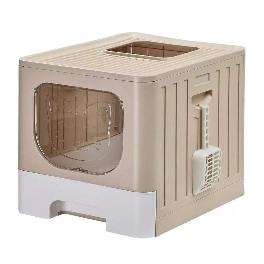 Sabbiera a doppia porta con design quadrato, disponibile in 3 colori, con dimensioni di 49x38x39 cm, che include una pala per la pulizia e una porta a forma di faccia di gatto. - Beige - Visualizzare 1