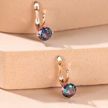 Vanel 1 Pair Women's Elegant Cubic Zirconia Earrings, Minimalist CZ Pendant Earrings, Fashion Luxury Jewelry, Sparkling Round Accent Delicate Earrings, Suitable For Daily Wear And Parties - Golden Yellow-color - View 2