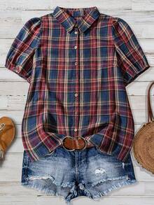 Women Country Music Festival Casual Plaid Puff Sleeve Shirt - Màu nâu Sô-cô-la - Xem 1