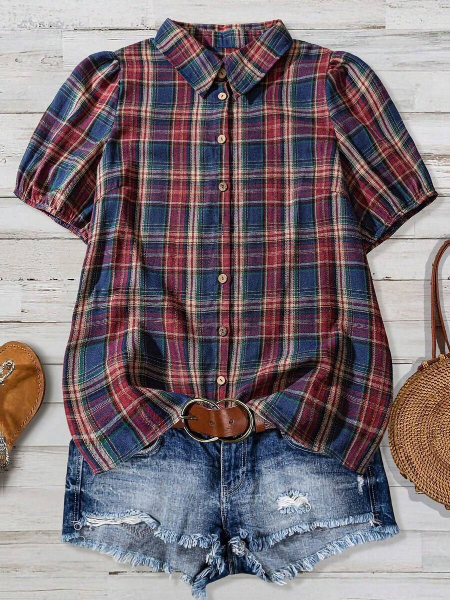 Women Country Music Festival Casual Plaid Puff Sleeve Shirt - Màu nâu Sô-cô-la - Xem 1