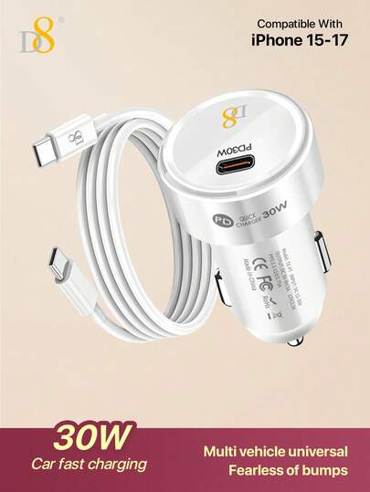 D8 30W Car Fast Charger 33W PD Fast Charging Protocol - Type-C/USB-A Dual Port Universal Vehicle Charger For Women, Compact Sleek Matte Finish With Fashionable Candy Color Options, Universal Compatibility With Multiple Vehicle Models (Cars SUVs) & Popular Smart Devices Including For IPhone 17/16/15/14 Pro Max Galaxy S25/S24 Ultra Pro Mi Hua Wei Tablets Smart Watches Earbuds
