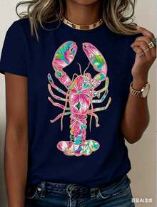 Women's Lobster Pattern T-Shirt - Soft Pink And Turquoise Coastal Print, Loose Fit, Short Sleeves, Round Neck, Lightweight And Breathable Summer Beach Party Top, Vibrant Lobster Design, Women's Casual Everyday Shirt, Machine Washable,  Gift Choice (New Stylish T-Shirt) - 藏青色 - 查看 1