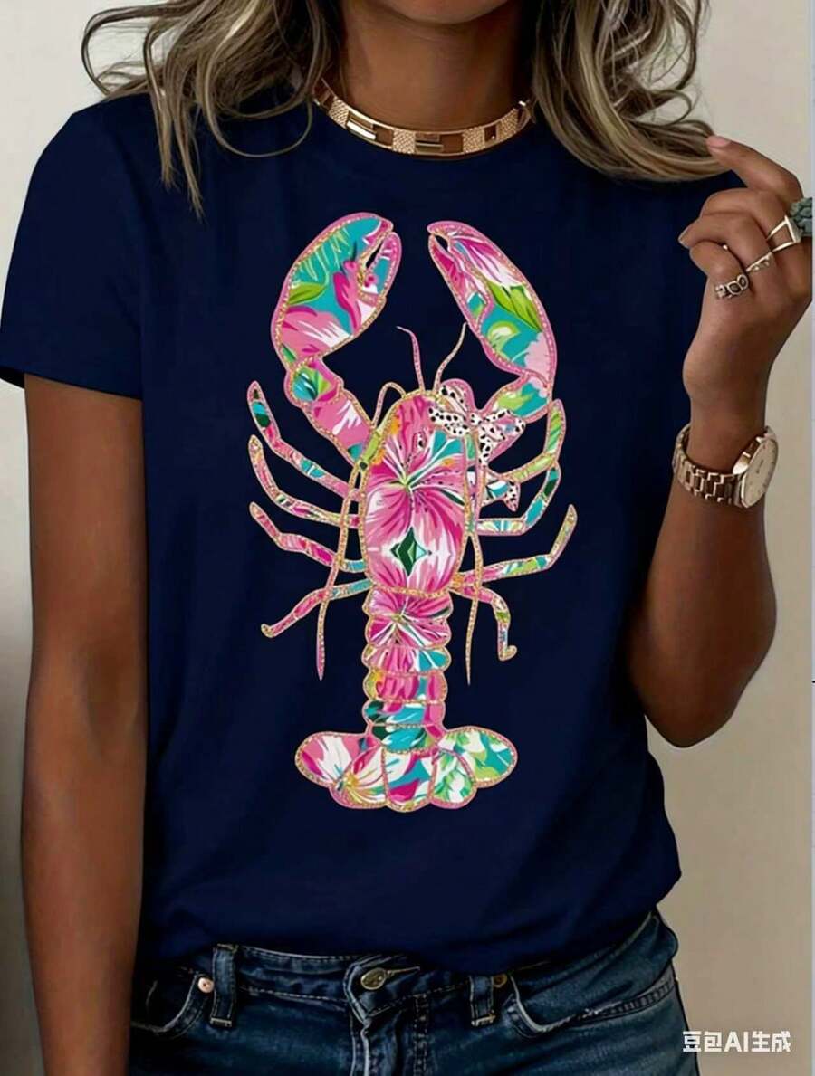 Women's Lobster Pattern T-Shirt - Soft Pink And Turquoise Coastal Print, Loose Fit, Short Sleeves, Round Neck, Lightweight And Breathable Summer Beach Party Top, Vibrant Lobster Design, Women's Casual Everyday Shirt, Machine Washable, Gift Choice (New Stylish T-Shirt) - 藏青色 - 查看 1