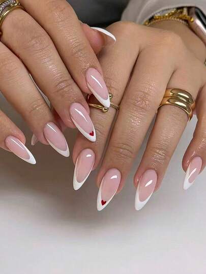 10pcs Handmade Nail Stickers, False Nails, Nail Art Stickers, Short Summer Nail Stickers, Y2K Style, Nude, White, Red Nail Stickers, Classic French White Pointed Tips And Hand-Painted Red Heart Decor, Sweet Minimalist Style, Suitable For Ladies And Girls For Dates, Valentine's Day And Daily Commute