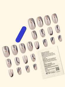24 móng tay giả dán ngắn hình oval kiểu Pháp, móng màu bạc Y2K, họa tiết lông vũ, móng acrylic dán tái sử dụng, phụ kiện làm móng giả, tặng kèm 24 miếng dán gel và một dũa mini. - Bạc - Xem 2